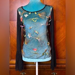 2000s hand embroidered flower butterfly 🌸🦋mesh top with bell sleeves